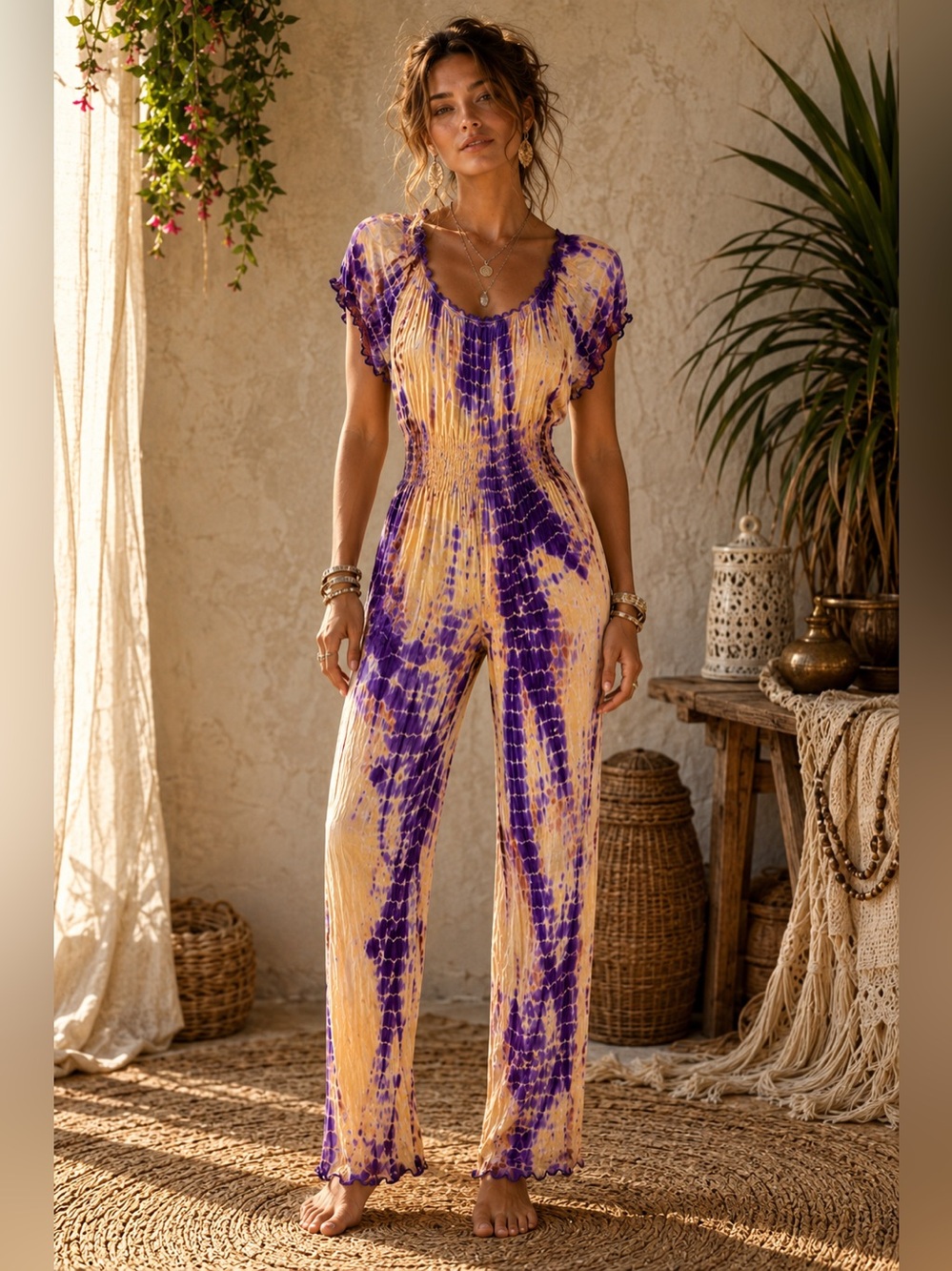 Boho Tie Dye Smocked Jumpsuit Purple Peach Crinkle